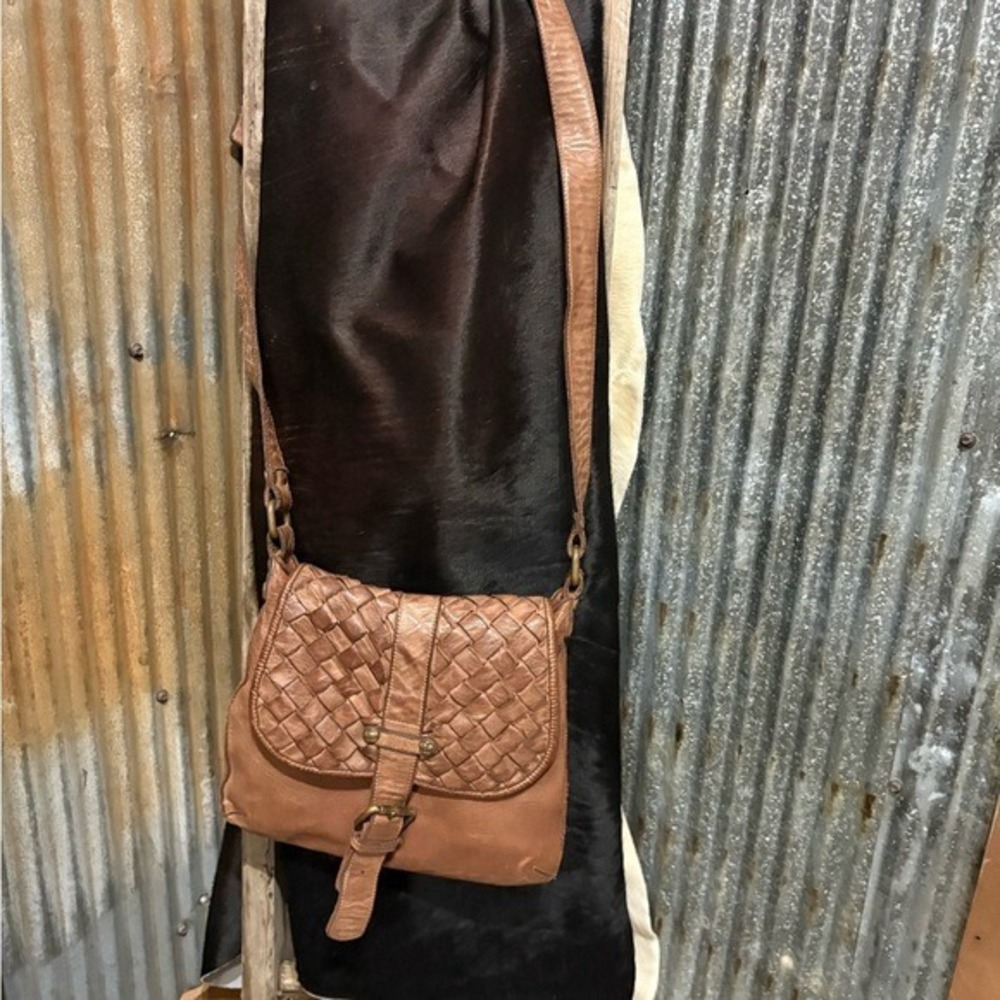 Civico 13 Brown Woven Leather Crossbody Bag Flap Buckle Adjustable Strap
